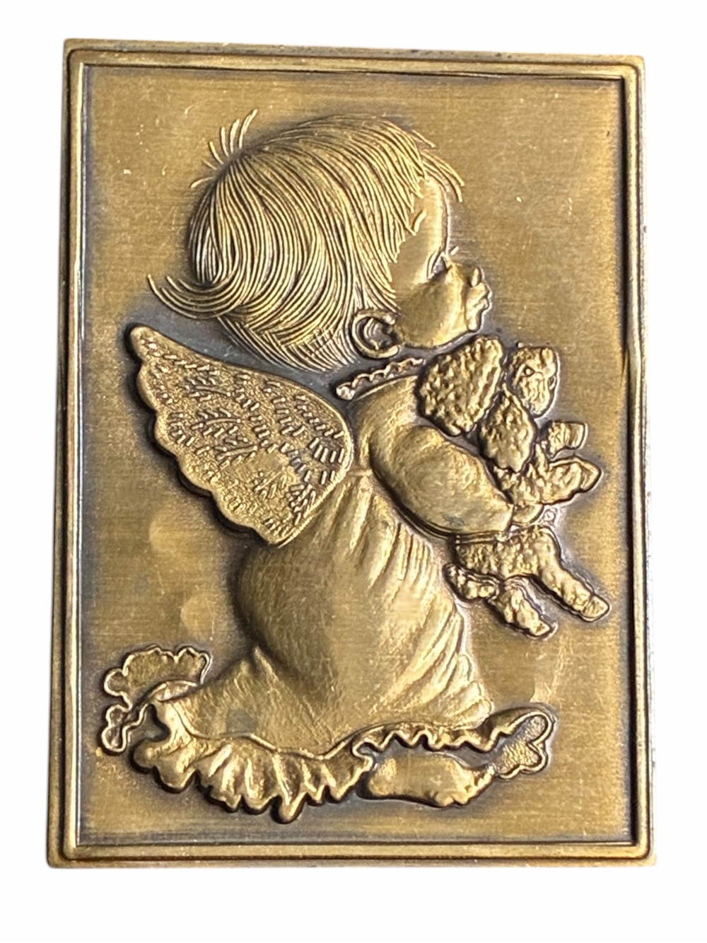 Vintage Solid Bronze Angel and Lamb Brooch